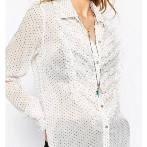 Free People White Sheer Polka Dot Tux Shirt Size M - Picture 1 of 11